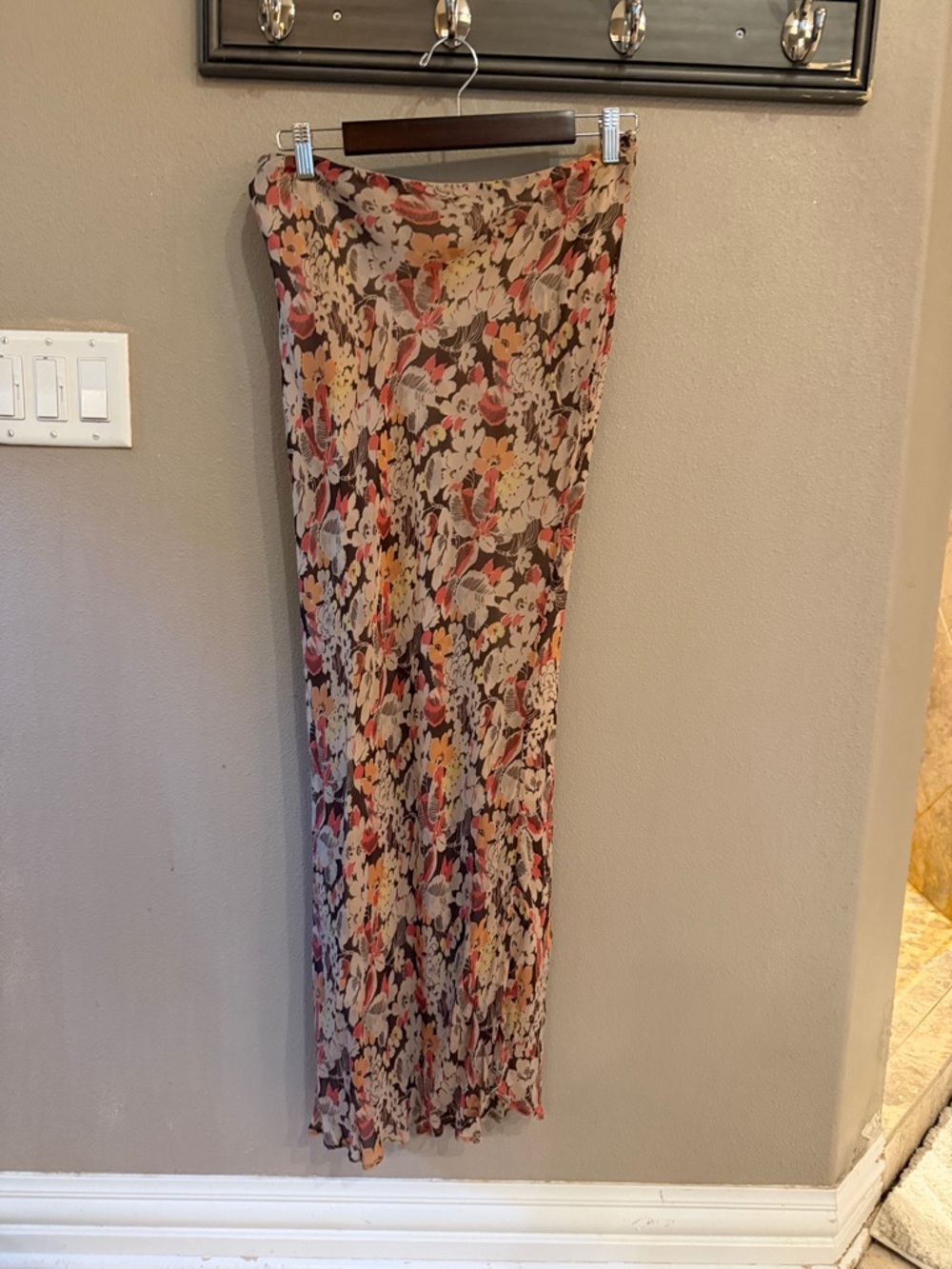 Polo by Ralph Lauren Brown Floral Pleated Maxi Skirt with Pink Accents